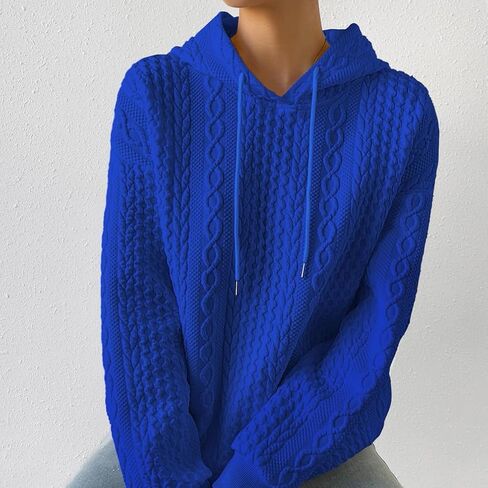 Women Cable Textured Drawstring Thermal Hoodies Casual Drop Shoulder Long Sleeve Solid Pullover Oversized Hooded in Kuwait