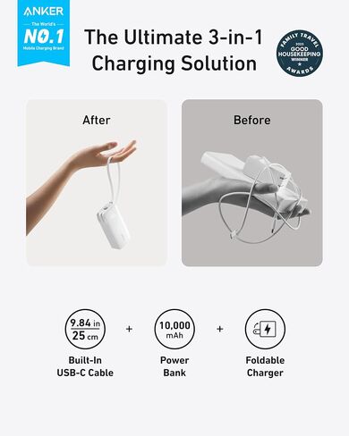 Anker Nano 3-in-1 Power Bank, 10,000mAh Portable Charger with Built-in Lightning Cable and Foldable AC Plug, 30W Max Compact Battery Pack, for iPhone 14 Series, Galaxy, MacBook, and More in Saudi Arabia