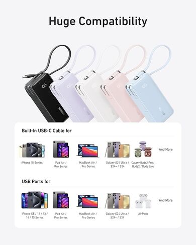 Anker Nano 3-in-1 Power Bank, 10,000mAh Portable Charger with Built-in Lightning Cable and Foldable AC Plug, 30W Max Compact Battery Pack, for iPhone 14 Series, Galaxy, MacBook, and More in Saudi Arabia