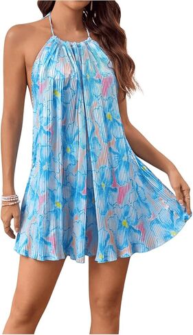 SweatyRocks Women's Allover Print Backless Halter Dress Sleeveless Straight Hem Mini Dresses in Kuwait