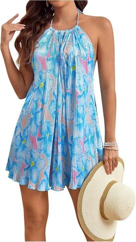 SweatyRocks Women's Allover Print Backless Halter Dress Sleeveless Straight Hem Mini Dresses in Kuwait