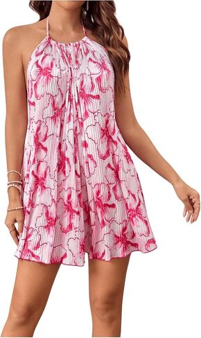 SweatyRocks Women's Allover Print Backless Halter Dress Sleeveless Straight Hem Mini Dresses in Kuwait