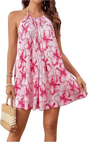 SweatyRocks Women's Allover Print Backless Halter Dress Sleeveless Straight Hem Mini Dresses in Kuwait