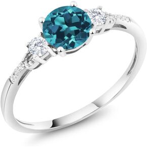 Gem Stone King 10K White Gold London Blue Topaz White Created Sapphire and White Diamond Accent 3-Stone Engagement Ring For Women | 0.90 Cttw | Gemstone November Birthstone | Round 6MM