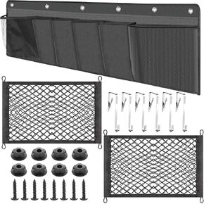 3 Pcs RV Accessories, 2 Small Cargo Net RV Pocket Storage Mesh Net with 14 Mounting Screws and Hooks, 1 RV Shoe Pocket Hanging Bedside Storage Organizer for Truck Car SUV Boat