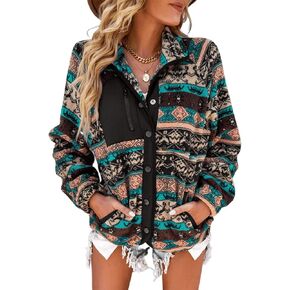 SELINK Womens Fleece Jacket Western Aztec Print Long Sleeve Snap Button Down Shacket Jackets with Pockets