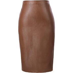 Kate Kasin Women's Faux Leather Pencil Skirt Stretchy Business Pencil Skirt Knee Length Midi Skirt