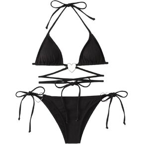 Milumia Women Two Piece Heart Ring Linked Bikini Set Lace Up Tie Halter Swimsuit