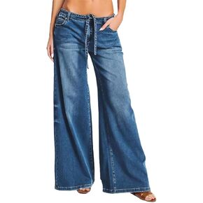 Flamingals Wide Leg Low Rise Casual Belt Stitch Detail Denim Pants