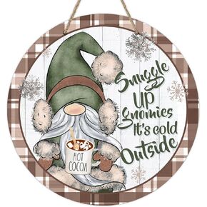 Deroro Winter Snuggle Up Gnomies It's Cold Outside Front Door Sign, Blue Gnome Plaid Farmhouse Wood Door Hanger Outdoor Porch Decor, Snowflake Christmas Wooden Wreath Indoor Wall Hanging Decoration
