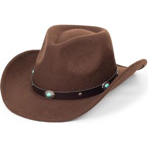 Women-Men Classic-Retro Western-Cowboy-Hat Wide-Brim Felt-Cowgirl-Hat with Gus-Crown Carved-Buckle-Belt Medium in Kuwait
