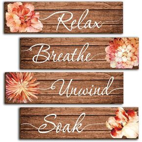 4 قطع ديكور جدار الحمام الخشبي الحديث بالزهور، علامات زهرية خشبية ريفية معلقة ديكور جدار لغرفة الغسيل المنزلية والحمام والمنتجع الصحي، استرخي واسترخِ وتنفس علامة خشبية-4 in Kuwait