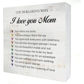 10 Reasons Why I Love You Mom Wood Box Sign, Rustic Mother Wooden Box Sign Block Plaque for Wall Tabletop Desk Home Decoration Mother’s Day Gift