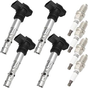 SCITOO ignition coils 4+Spark Plugs 4 4pcs Replacement for P-assat 1.8L 2001-2005,for J-etta 1.8L 2001 2002 2003 2004 2005,for A-udi A4 1.8L 2001-2007 Replace UF411 UF-437, UF-580, CO044