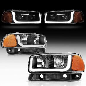 oEdRo LED DRL Headlight Assembly Compatible with 1999 2000 2001 2002 2003 2004 2005 2006 GMC Sierra 1500 2500 3500/00-06 GMC Yukon Headlamp with Clear Lens Black Housing Clear Reflector
