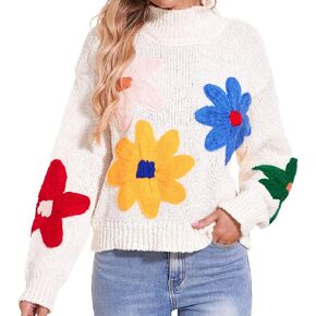 HOULENGS Women's Cute Floral Pattern Long Sleeve Sweater Mock Neck Flower Knitted Pullover Tops