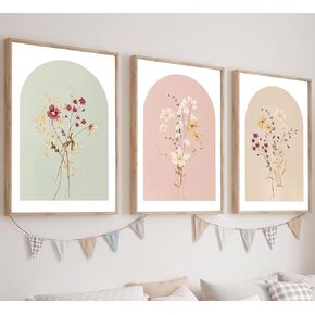 3Pcs Watercolor Wildflower Wall Art Pictures Neutral Botanical Floral Wall Decor Vintage Boho Flowers Bouquet Painting Minimalist Canvas Posters Prints for Living Room Bedroom 12x16in Unframed