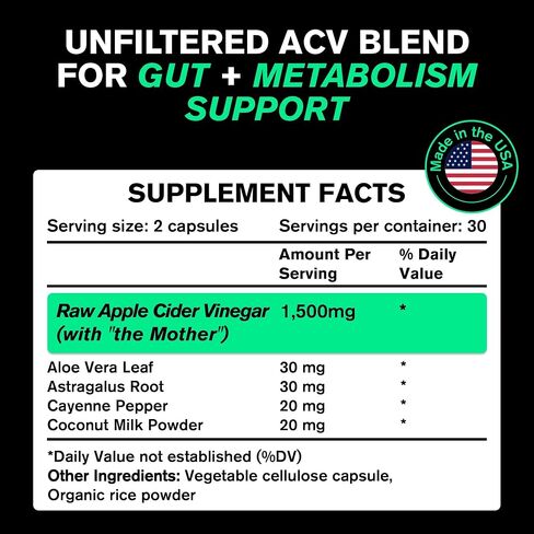 Organic Apple Cider Vinegar Capsules with The Mother - Energy Help Plus Heart, Gut, and Immune Health Support - Gluten Free, Dairy Free - Raw Probiotic and Prebiotic - Vegan ACV, Astragalus Root in Saudi Arabia