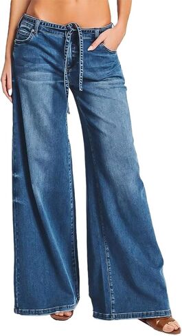 Flamingals Wide Leg Low Rise Casual Belt Stitch Detail Denim Pants in Saudi Arabia
