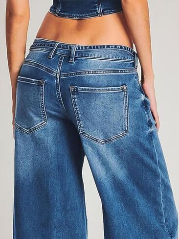 Flamingals Wide Leg Low Rise Casual Belt Stitch Detail Denim Pants in Saudi Arabia