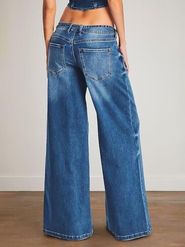 Flamingals Wide Leg Low Rise Casual Belt Stitch Detail Denim Pants in Saudi Arabia