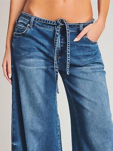 Flamingals Wide Leg Low Rise Casual Belt Stitch Detail Denim Pants in Saudi Arabia