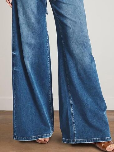 Flamingals Wide Leg Low Rise Casual Belt Stitch Detail Denim Pants in Saudi Arabia