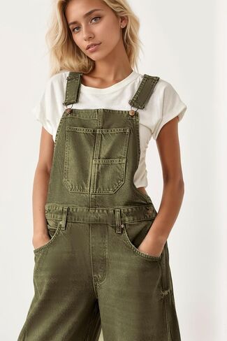 Ladyful Women's Denim Overall Casual Straight Wide Leg Bib Jeans Overall Adjustable Straps Denim Romper Stretch Jumpsuits in Kuwait