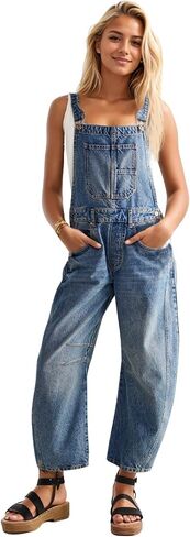 Ladyful Women's Denim Overall Casual Straight Wide Leg Bib Jeans Overall Adjustable Straps Denim Romper Stretch Jumpsuits in Kuwait