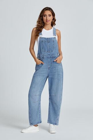 Ladyful Women's Denim Overall Casual Straight Wide Leg Bib Jeans Overall Adjustable Straps Denim Romper Stretch Jumpsuits in Kuwait