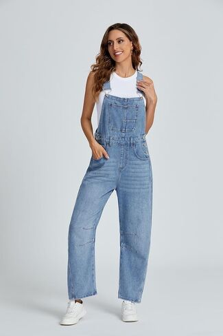 Ladyful Women's Denim Overall Casual Straight Wide Leg Bib Jeans Overall Adjustable Straps Denim Romper Stretch Jumpsuits in Kuwait