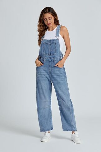 Ladyful Women's Denim Overall Casual Straight Wide Leg Bib Jeans Overall Adjustable Straps Denim Romper Stretch Jumpsuits in Kuwait