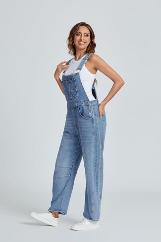 Ladyful Women's Denim Overall Casual Straight Wide Leg Bib Jeans Overall Adjustable Straps Denim Romper Stretch Jumpsuits in Kuwait