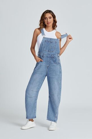 Ladyful Women's Denim Overall Casual Straight Wide Leg Bib Jeans Overall Adjustable Straps Denim Romper Stretch Jumpsuits in Kuwait