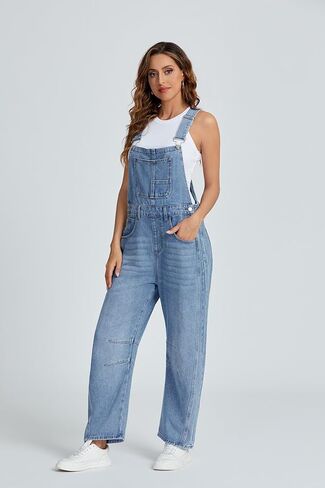 Ladyful Women's Denim Overall Casual Straight Wide Leg Bib Jeans Overall Adjustable Straps Denim Romper Stretch Jumpsuits in Kuwait