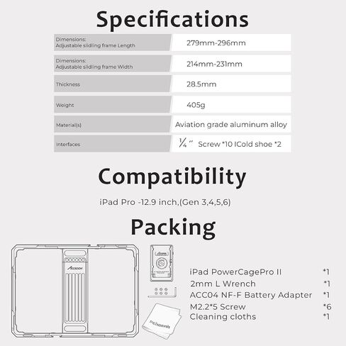 Accsoon iPad Power Cage Ⅱ لأجهزة iPad، متوافق مع Ipad - الجيل 5، 6، 7، 8، 9، 10، Ipad Air - الجيل 3، 4، 5، Ipad Pro - 9.7 بوصة، 10.5 بوصة، 11 بوصة (الجيل 1، 2، 3، 4)، محول لوحة البطارية ACC04 NP-F in Saudi Arabia