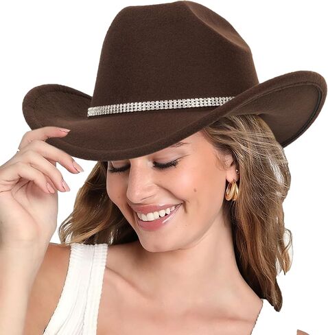 Women-Men Classic-Retro Western-Cowboy-Hat Wide-Brim Felt-Cowgirl-Hat with Gus-Crown Carved-Buckle-Belt Medium in Saudi Arabia