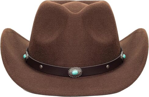 قبعة رعاة البقر الغربية الكلاسيكية للنساء والرجال ذات حافة واسعة وشعر راعية البقر مع حزام بإبزيم منحوت من Gus-Crown مقاس متوسط in Kuwait