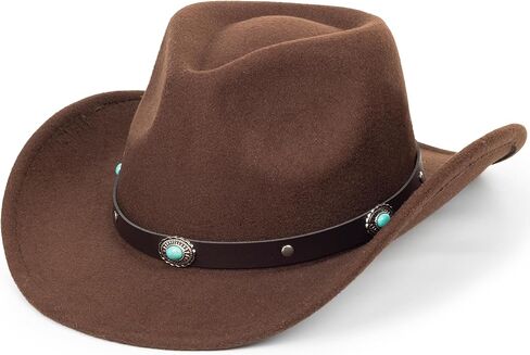 قبعة رعاة البقر الغربية الكلاسيكية للنساء والرجال ذات حافة واسعة وشعر راعية البقر مع حزام بإبزيم منحوت من Gus-Crown مقاس متوسط in Kuwait