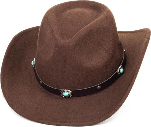 قبعة رعاة البقر الغربية الكلاسيكية للنساء والرجال ذات حافة واسعة وشعر راعية البقر مع حزام بإبزيم منحوت من Gus-Crown مقاس متوسط in Kuwait