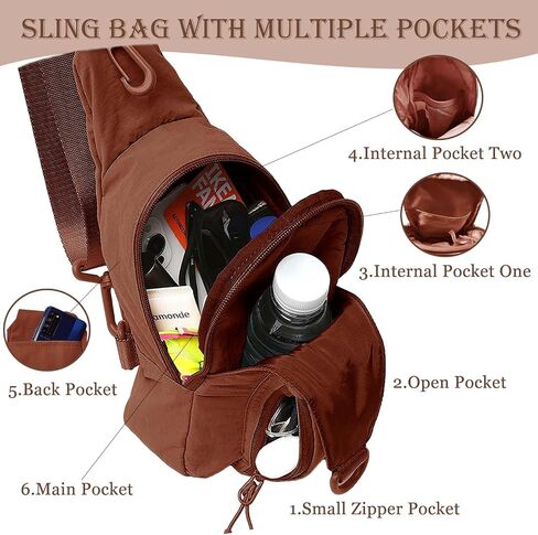 Small Sling Bag for Women Crossbody Sling Backpck with Adjustable Straps Lightweight Small Nylon Chest Bag for Daily Casual Travel Hiking, Brown in Saudi Arabia