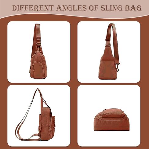 Small Sling Bag for Women Crossbody Sling Backpck with Adjustable Straps Lightweight Small Nylon Chest Bag for Daily Casual Travel Hiking, Brown in Saudi Arabia