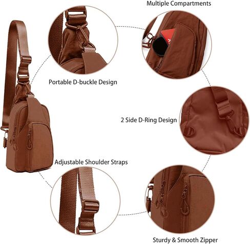 Small Sling Bag for Women Crossbody Sling Backpck with Adjustable Straps Lightweight Small Nylon Chest Bag for Daily Casual Travel Hiking, Brown in Saudi Arabia