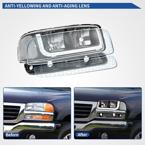 oEdRo LED DRL Headlight Assembly Compatible with 1999 2000 2001 2002 2003 2004 2005 2006 GMC Sierra 1500 2500 3500/00-06 GMC Yukon Headlamp with Clear Lens Black Housing Clear Reflector in Saudi Arabia
