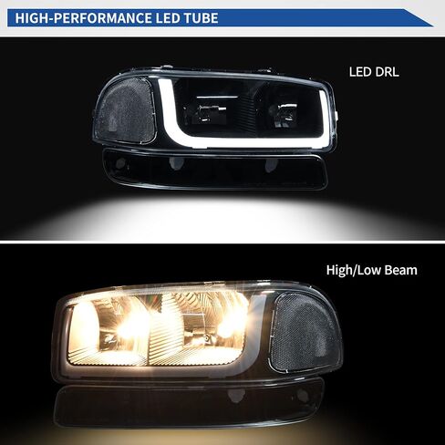 oEdRo LED DRL Headlight Assembly Compatible with 1999 2000 2001 2002 2003 2004 2005 2006 GMC Sierra 1500 2500 3500/00-06 GMC Yukon Headlamp with Clear Lens Black Housing Clear Reflector in Saudi Arabia