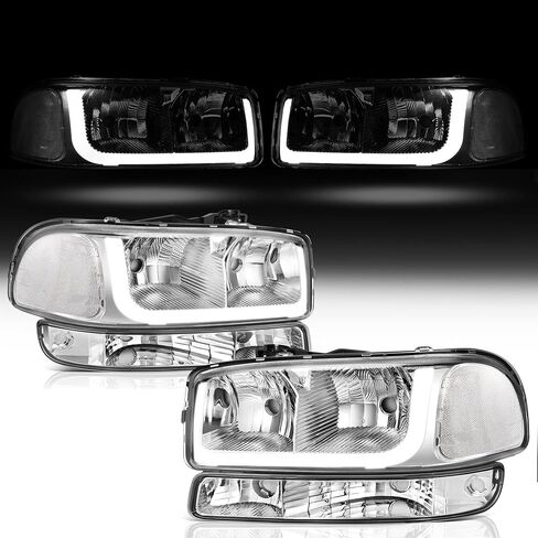 oEdRo LED DRL Headlight Assembly Compatible with 1999 2000 2001 2002 2003 2004 2005 2006 GMC Sierra 1500 2500 3500/00-06 GMC Yukon Headlamp with Clear Lens Black Housing Clear Reflector in Saudi Arabia