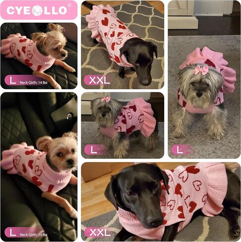 cyeollo Small Dog Valentines Sweater Heart Pattern Dog Clothes with Leash Hole Pullover Turtleneck Holiday Pet Apparel Pink in Kuwait