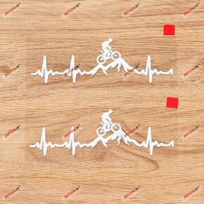 Cycling Funny Bike Bicycle Decal Sticker Vinyl Heart Beat Mountain Rider - 2 Pack White, 5 Inches - for Car Boat Laptop No Background