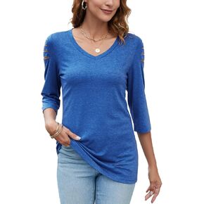 HOCOSIT Women 3/4 Sleeve Tunic Tops V Neck Ripped Cut Out Dressy Casual Petite Summer Shirts 2024