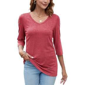 HOCOSIT Women 3/4 Sleeve Tunic Tops V Neck Ripped Cut Out Dressy Casual Petite Summer Shirts 2024 in Kuwait
